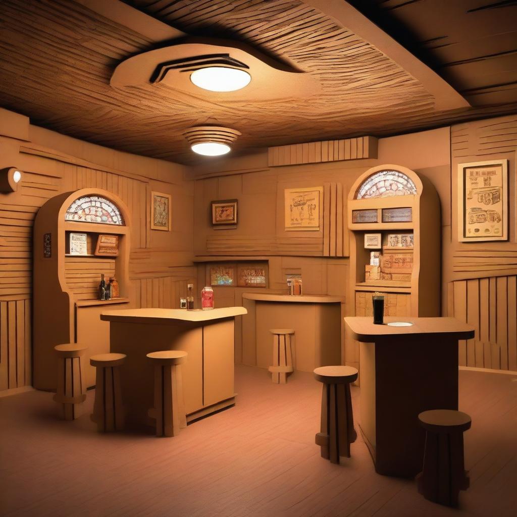 A full room view of a drinking bar entirely made out of cardboard, featuring cardboard stools, tables, a bar counter, and a jukebox