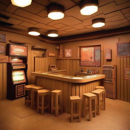 A full room view of a drinking bar entirely made out of cardboard, featuring cardboard stools, tables, a bar counter, and a jukebox