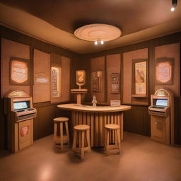 A full room view of a drinking bar entirely made out of cardboard, featuring cardboard stools, tables, a bar counter, and a jukebox