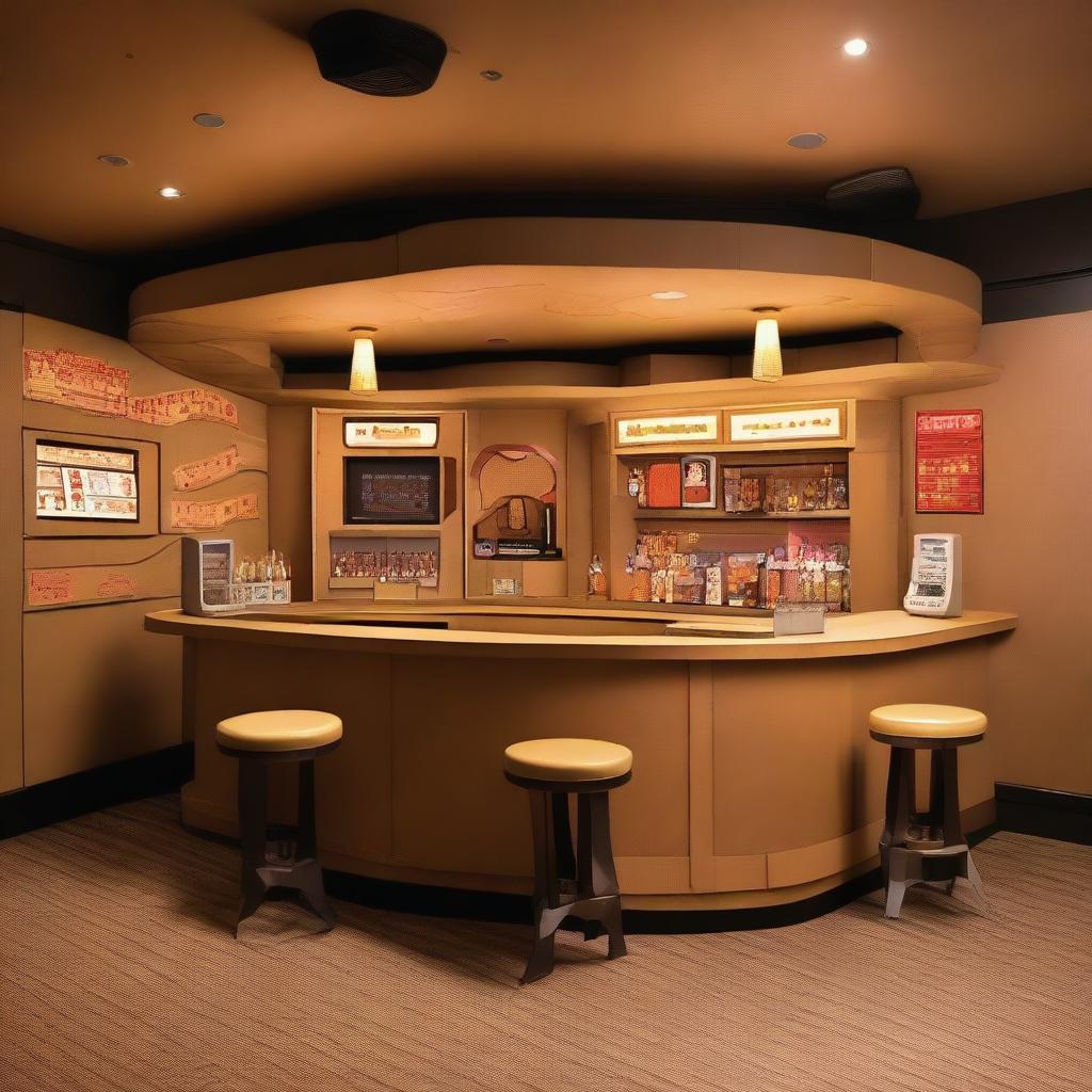 A drinking bar made entirely out of cardboard, featuring cardboard tables, stools, a bar counter, and a jukebox