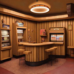 A drinking bar made entirely out of cardboard, featuring cardboard tables, stools, a bar counter, and a jukebox