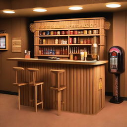 A drinking bar made entirely out of cardboard, featuring cardboard tables, stools, a bar counter, and a jukebox