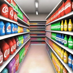 A grocery store soda aisle with shelves stocked with various soda bottles and cans