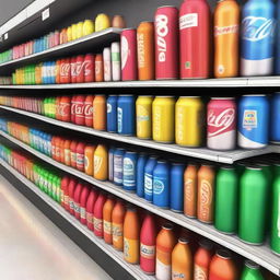 A grocery store soda aisle with shelves stocked with various soda bottles and cans