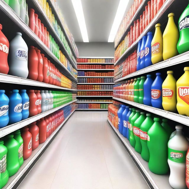 A grocery store soda aisle with shelves stocked with various soda bottles and cans