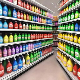 A grocery store soda aisle with shelves stocked with various soda bottles and cans