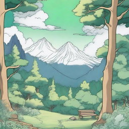An anime-style cover for a coloring book featuring tall trees framing the scene on both sides, green grass below, majestic mountains in the background, and a sky dotted with white clouds
