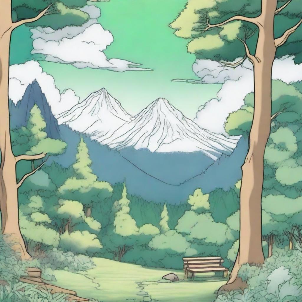 An anime-style cover for a coloring book featuring tall trees framing the scene on both sides, green grass below, majestic mountains in the background, and a sky dotted with white clouds