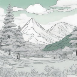 An anime-style cover for a coloring book featuring tall trees framing the scene on both sides, green grass below, majestic mountains in the background, and a sky dotted with white clouds