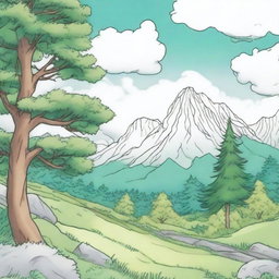 An anime-style cover for a coloring book featuring tall trees framing the scene on both sides, green grass below, majestic mountains in the background, and a sky dotted with white clouds