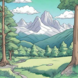 An anime-style cover for a coloring book featuring tall trees framing the scene on both sides, green grass below, majestic mountains in the background, and a sky dotted with white clouds