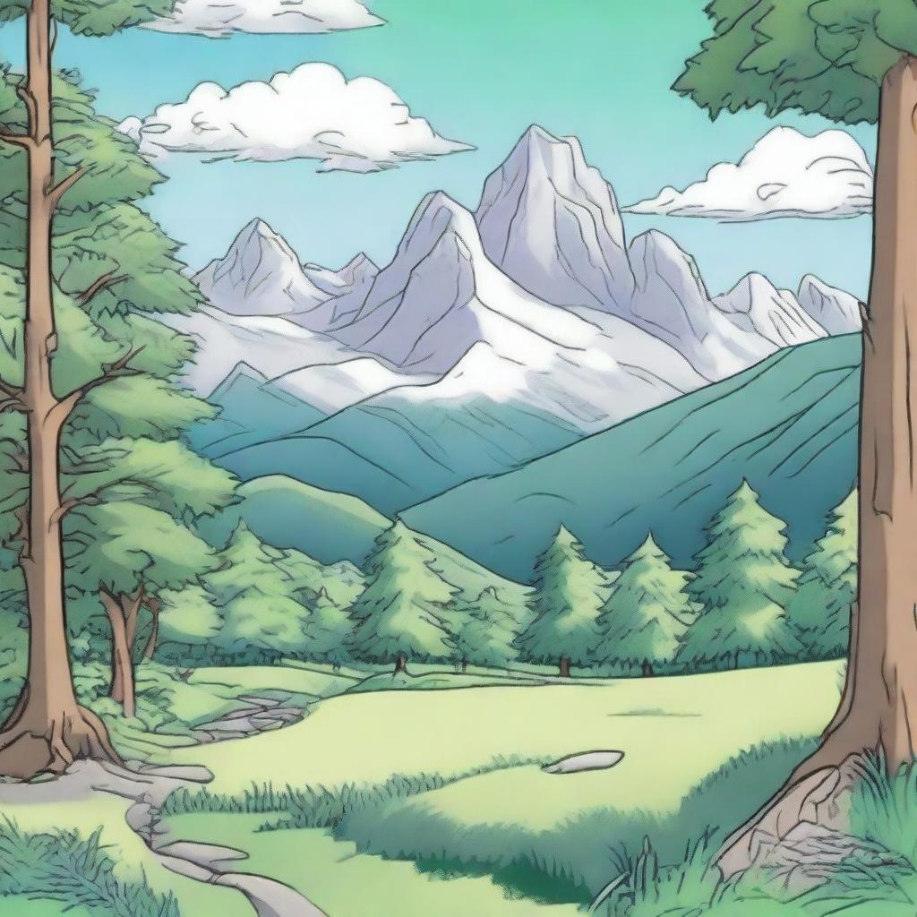 An anime-style cover for a coloring book featuring tall trees framing the scene on both sides, green grass below, majestic mountains in the background, and a sky dotted with white clouds
