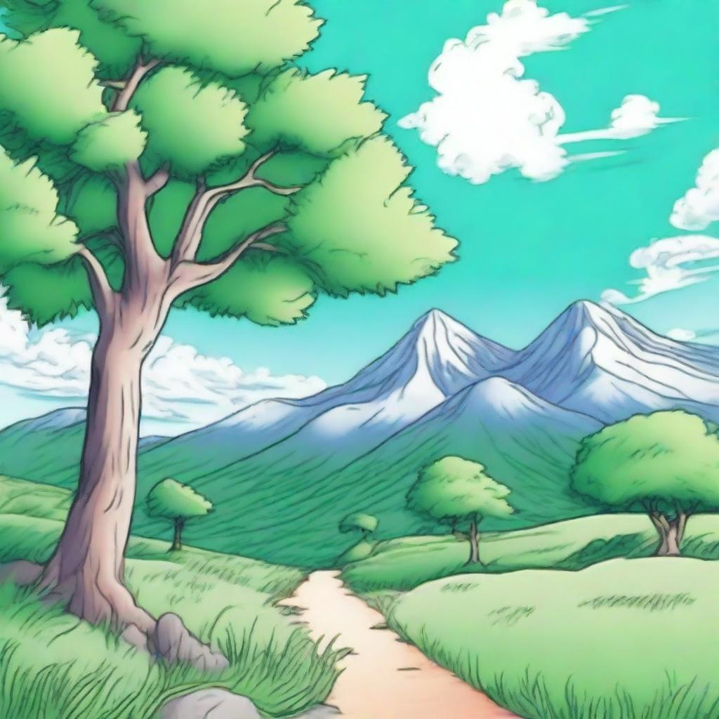 An anime-style coloring book cover featuring a tall tree on both the left and right sides, vibrant green grass in the foreground, mountains in the distance, and a clear blue sky with fluffy clouds