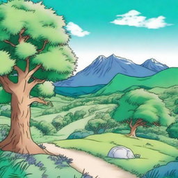 An anime-style coloring book cover featuring a tall tree on both the left and right sides, vibrant green grass in the foreground, mountains in the distance, and a clear blue sky with fluffy clouds