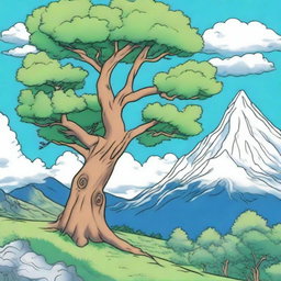An anime-style coloring book cover featuring a tall tree on both the left and right sides, vibrant green grass in the foreground, mountains in the distance, and a clear blue sky with fluffy clouds