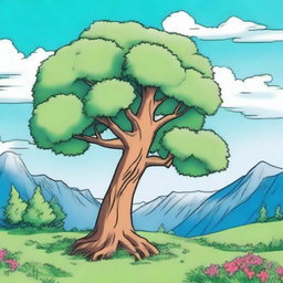 An anime-style coloring book cover featuring a tall tree on both the left and right sides, vibrant green grass in the foreground, mountains in the distance, and a clear blue sky with fluffy clouds