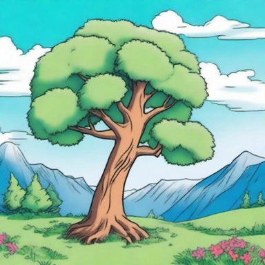 An anime-style coloring book cover featuring a tall tree on both the left and right sides, vibrant green grass in the foreground, mountains in the distance, and a clear blue sky with fluffy clouds