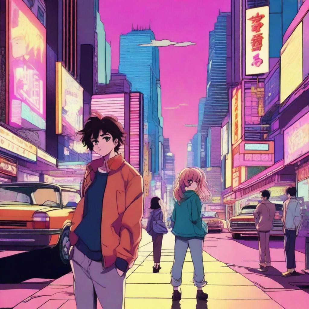 A retro-style anime scene featuring classic character designs and vibrant colors