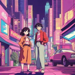 A retro-style anime scene featuring classic character designs and vibrant colors