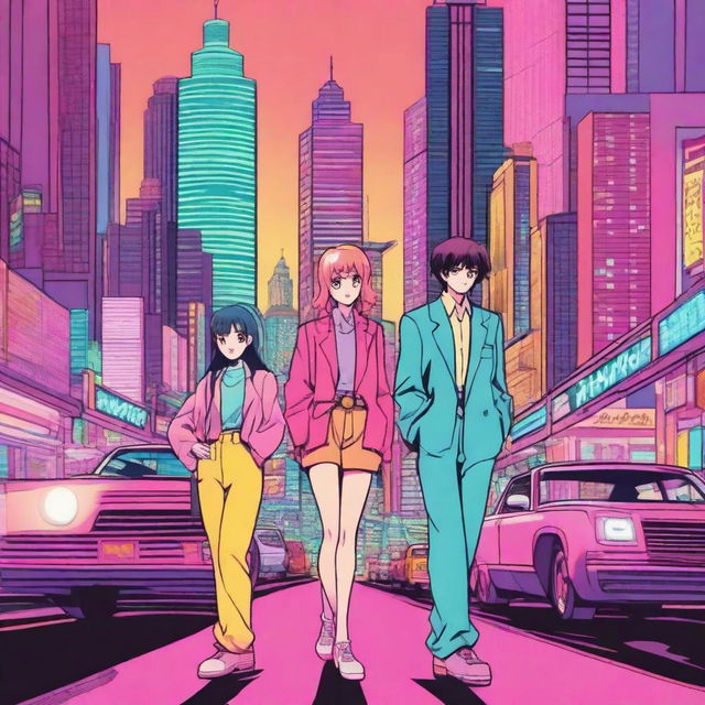 A retro-style anime scene featuring classic character designs and vibrant colors