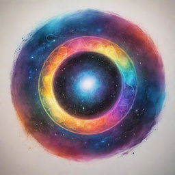 Sketch a unique and ethereal cosmic portal with intricate swirls, showcasing the dispersion of light within it using vibrant colors. The depth and contours are highlighted with a black pointer. The project's title is presented in a flowing, celestial font.