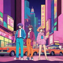 A retro-style anime scene featuring classic character designs and vibrant colors