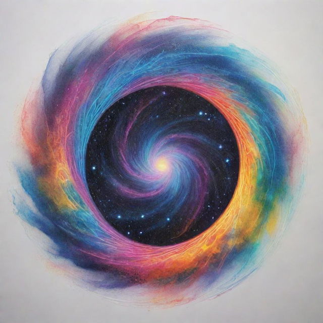 Sketch a unique and ethereal cosmic portal with intricate swirls, showcasing the dispersion of light within it using vibrant colors. The depth and contours are highlighted with a black pointer. The project's title is presented in a flowing, celestial font.