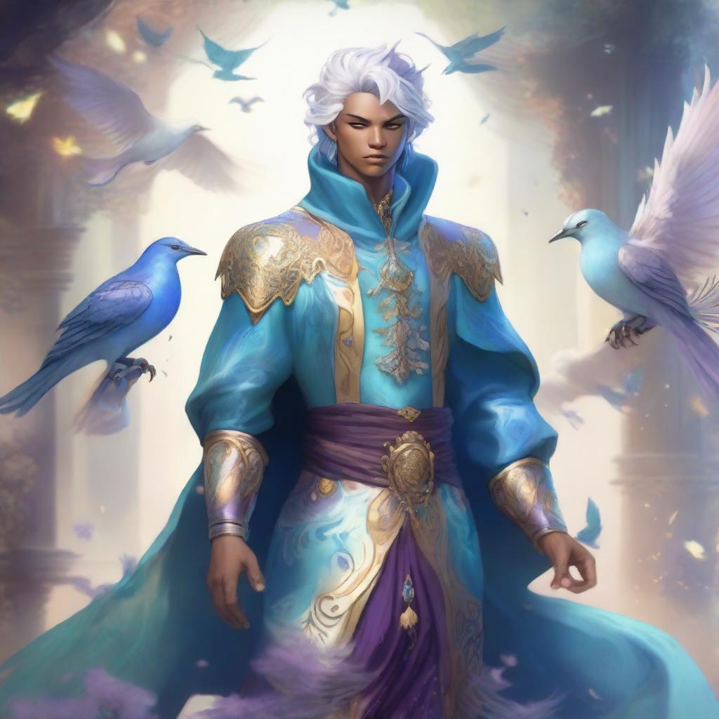 A male air genasi dressed in elaborate, fancy clothing stands surrounded by ethereal, magical birds