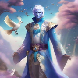 A male air genasi dressed in elaborate, fancy clothing stands surrounded by ethereal, magical birds