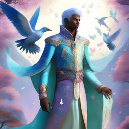 A male air genasi dressed in elaborate, fancy clothing stands surrounded by ethereal, magical birds