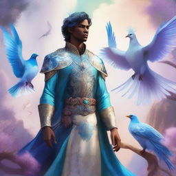 A male air genasi dressed in elaborate, fancy clothing stands surrounded by ethereal, magical birds