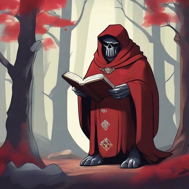 A detailed illustration of a rock golem wearing a red cloak and holding a book