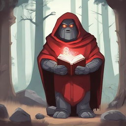 A detailed illustration of a rock golem wearing a red cloak and holding a book