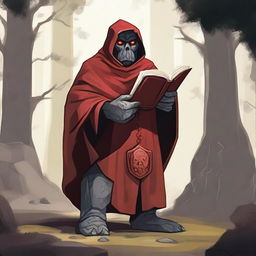 A detailed illustration of a rock golem wearing a red cloak and holding a book