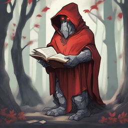 A detailed illustration of a rock golem wearing a red cloak and holding a book