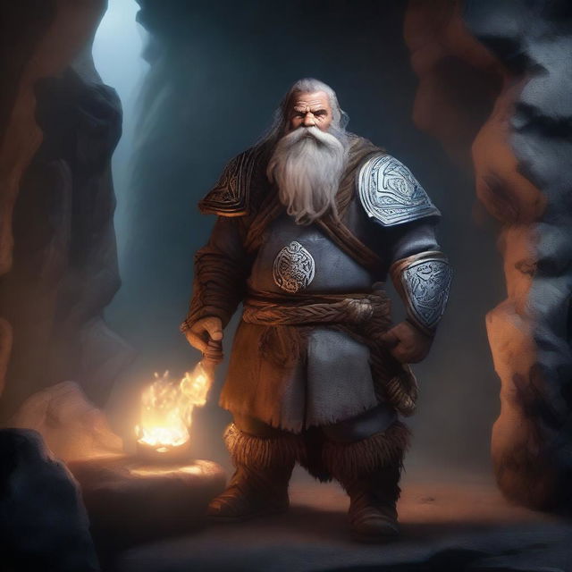 A powerful dwarf warrior with a glowing rune symbol embedded in his chest, standing in a mystical cave