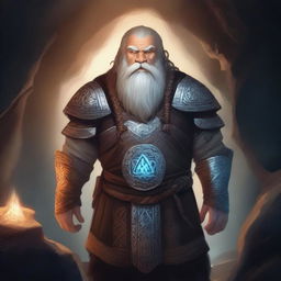 A powerful dwarf warrior with a glowing rune symbol embedded in his chest, standing in a mystical cave