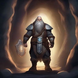 A powerful dwarf warrior with a glowing rune symbol embedded in his chest, standing in a mystical cave