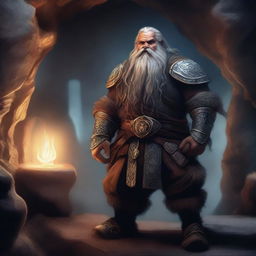 A powerful dwarf warrior with a glowing rune symbol embedded in his chest, standing in a mystical cave