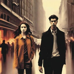 Two figures stand at opposite sides of a crowded city street, their expressions fierce with conflict
