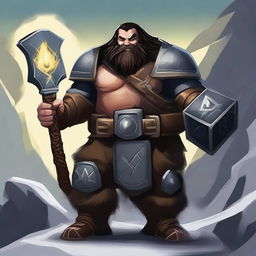 A dark-haired Dwarf with a rune symbol glowing on his chest, holding a large warhammer