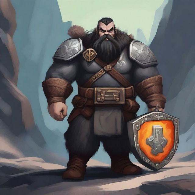 A dark-haired Dwarf with a rune symbol glowing on his chest, holding a large warhammer