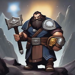 A dark-haired Dwarf with a rune symbol glowing on his chest, holding a large warhammer