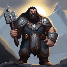 A dark-haired Dwarf with a rune symbol glowing on his chest, holding a large warhammer