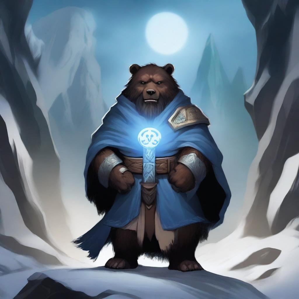 A dark-haired Dwarf with a blue rune symbol glowing in his chest, holding a large warhammer