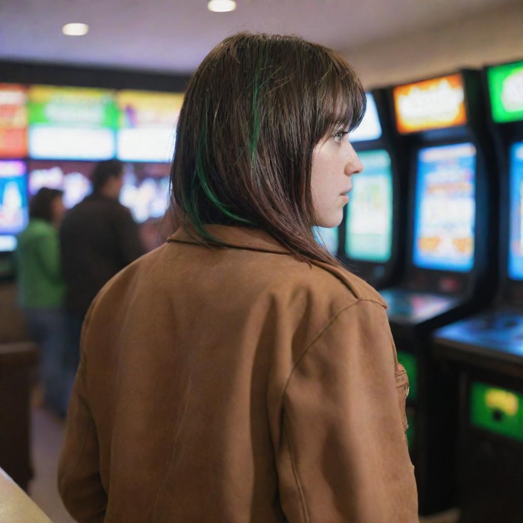 casual photograpy by kodak from the back, female , 23 year old with green eyes and black long hai with withe streaks in the bangs, brown jacket.,freckles, playing arcade video games, medium distance shot, high detailed, 4k hd,  --styerw--v 5.2 ar 2-3