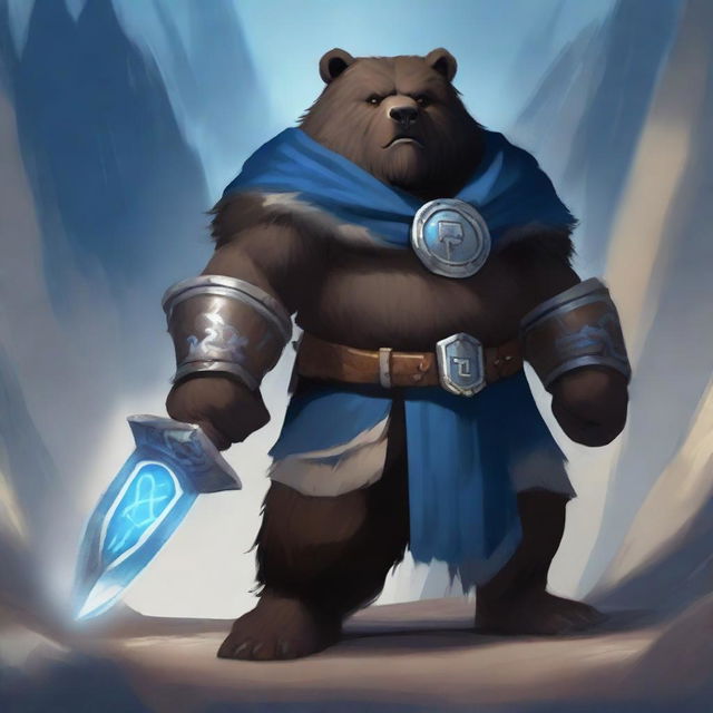 A dark-haired Dwarf with a blue rune symbol glowing on his chest, wearing a bear pelt, and holding a massive warhammer