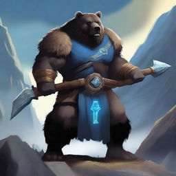 A dark-haired Dwarf with a blue rune symbol glowing on his chest, wearing a bear pelt, and holding a massive warhammer