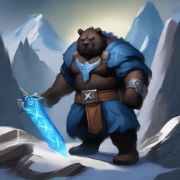 A dark-haired Dwarf with a blue rune symbol glowing on his chest, wearing a bear pelt, and holding a massive warhammer