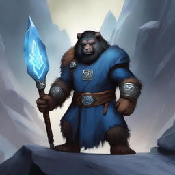 A dark-haired Dwarf with a blue rune symbol glowing on his chest, wearing a bear pelt, and holding a massive warhammer